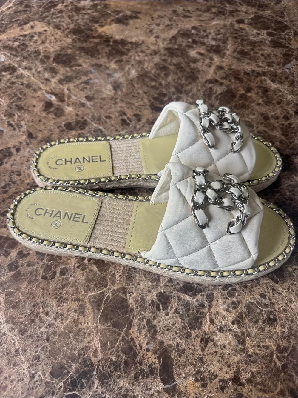 Chanel mules espadrilles flats ivory silver chain sandals sz 41